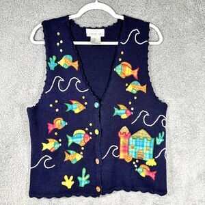 Mandal Bay Women's Blue Small Med Knit Sweater Vest Fish Waves Sand Castle